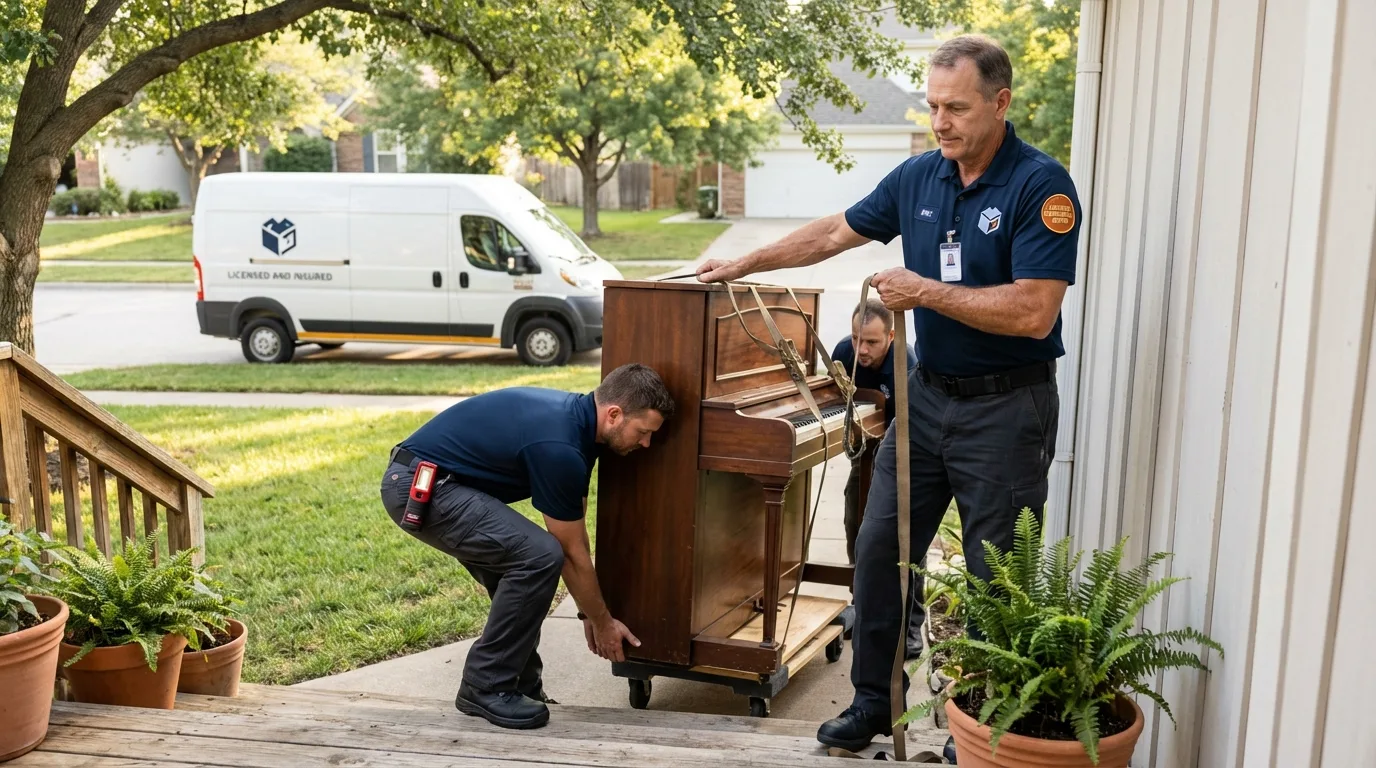 Licensed piano movers securing grand piano in Ridgely, MD
