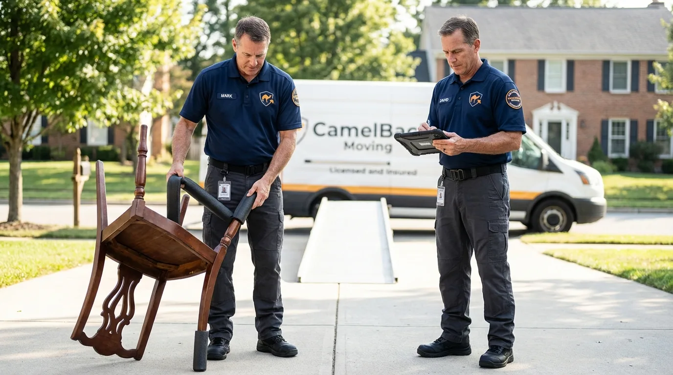 Movers inspecting furniture for damage prevention before loading in Ridgely, MD